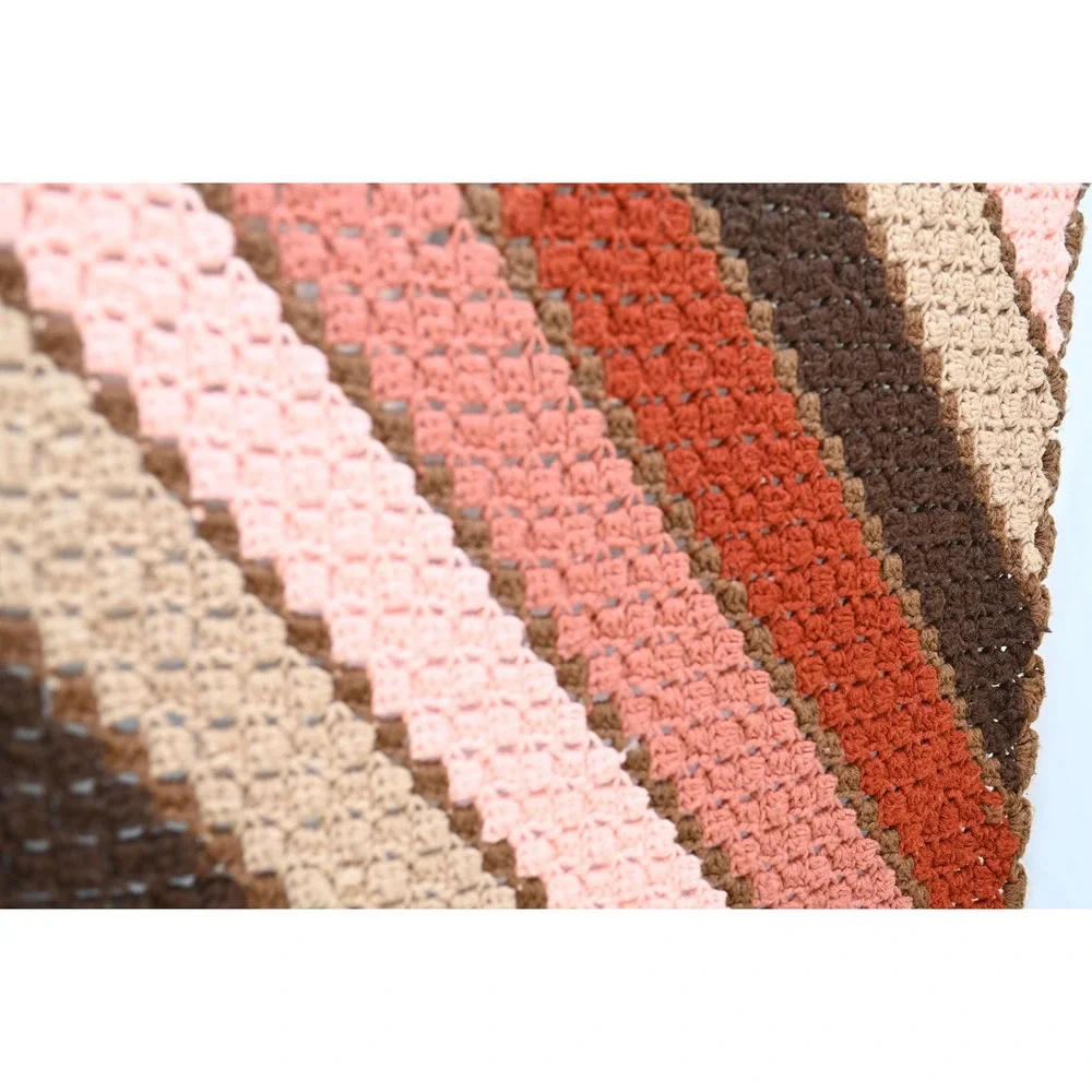 Vintage Handmade Crochet Afghan Blanket Pink Orange Brown Diagonal Stripe 42x60